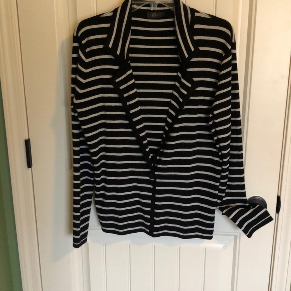 Beautiful lightweight cardigan in black & gray stripe. Excellent condition.